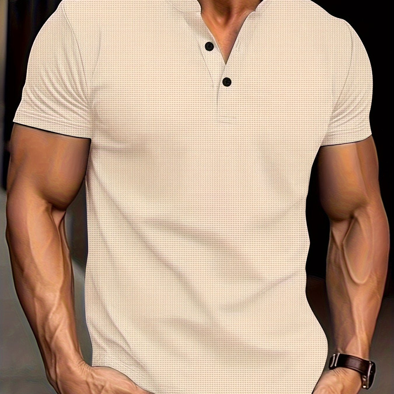 Men's Solid Waffle Stand Collar Short Sleeve Golf Shirts, Casual Style Slight Stretch Regular Fit Summer Tops, Summer Golf Shirts