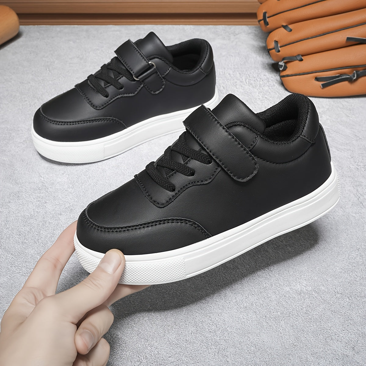 Kids Glossy PU Sports Shoes with Hook-and-Loop Closure