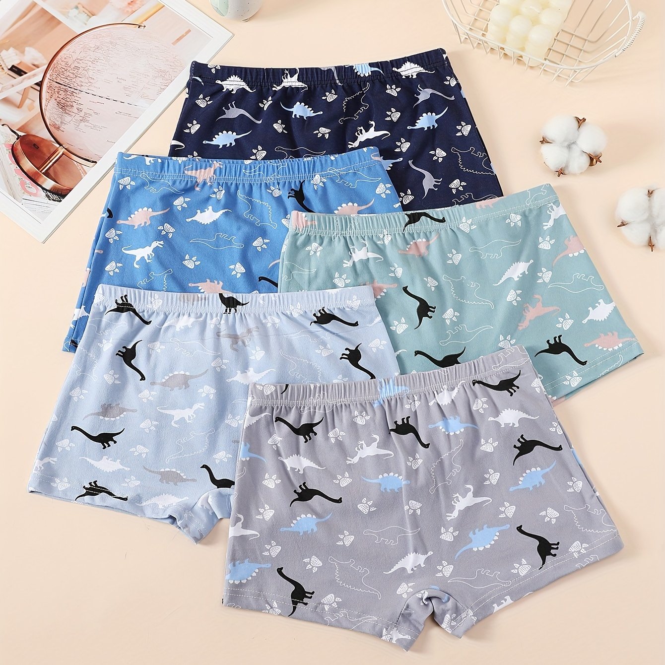 5 հատ 95% Cotton Boys Dino Print Ներքնազգեստի Հավաքածու Բոլոր Սեզոնի Նվեր
