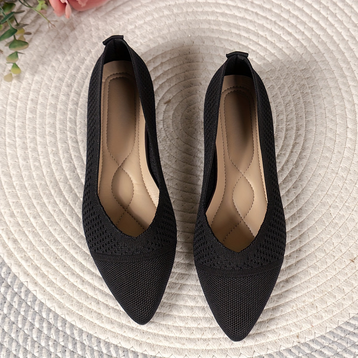 Women's Fashion Flat Shoes, Casual Pointed Toe Knit Flats, Breathable & Comfort Slip-On Ballet Shoes For Daily Wear