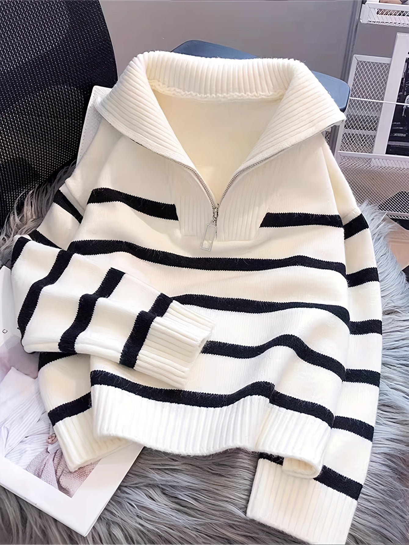 Elegant Striped Zip-Up Knit Sweater - Cozy Acrylic & Polyester Blend, Perfect for Fall/Winter, Cozy Sweater
