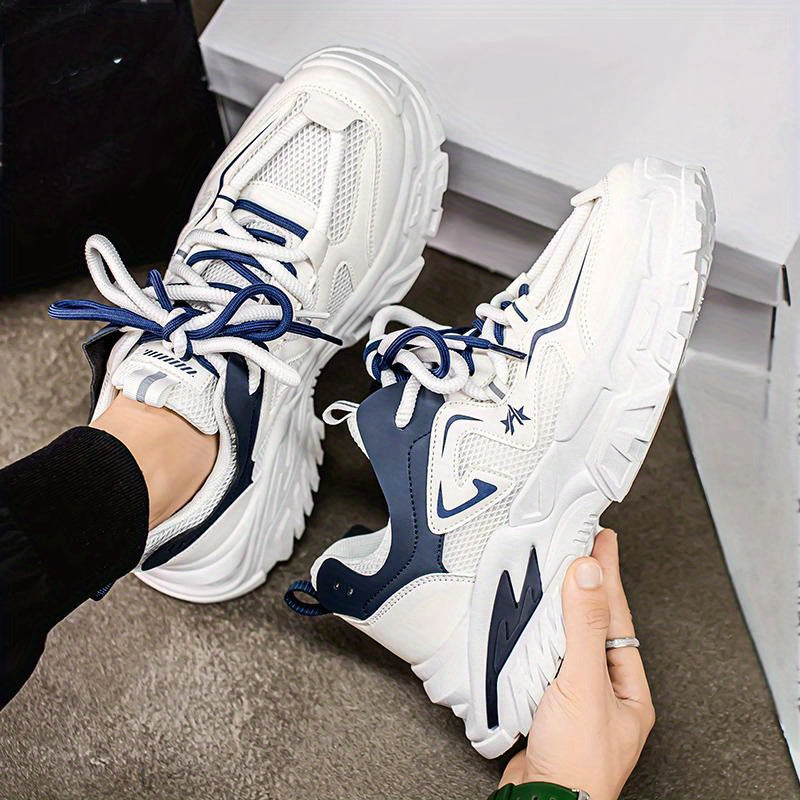 Men'S Breathable Mesh Sneakers with Thick Cushioned Sole - Lightweight Low-Top Lace-Up Shoes for Running, Hiking Casual Wear, Navy Blue White Design, All-Season Comfort, Sneakers, Hiking Footwear, Stylish Laceup Shoes, Du
