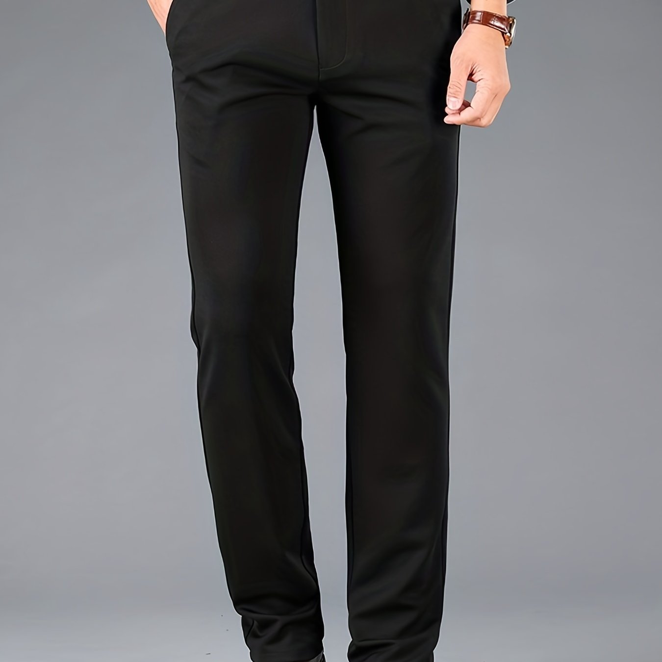 Men's Sleek Business Casual Dress Pants - Solid Black, Straight Leg, Wrinkle-Resistant Polyester Blend, All-Season Formal Trousers with Button Detail