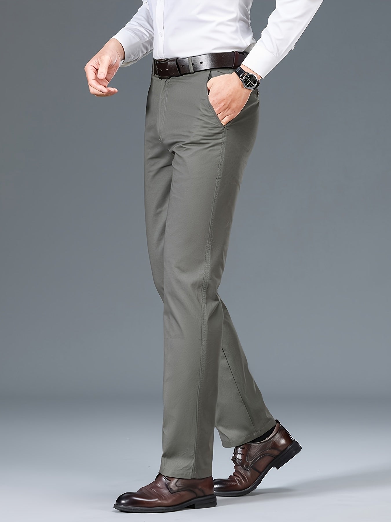 Men's Light Business Cotton Dress Pants - Straight Leg, Olive Green, 100% Cotton, Perfect for Office or Casual Outings