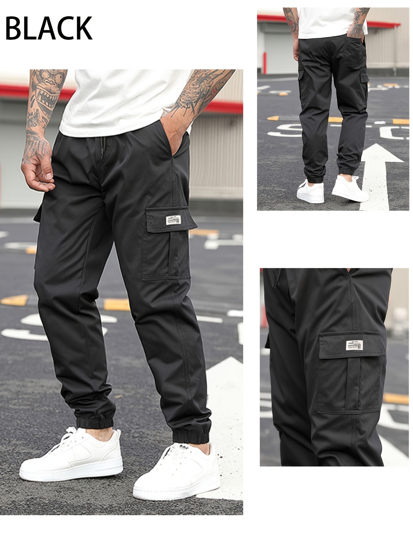 1pc Men'S Casual Polyester Cargo Pants - Mid Waist Elastic Joggers with Multiple Pockets, Non-Stretch Solid Color, Regular Fit for Weekend Wear - Spring/Fall Fashion Trousers