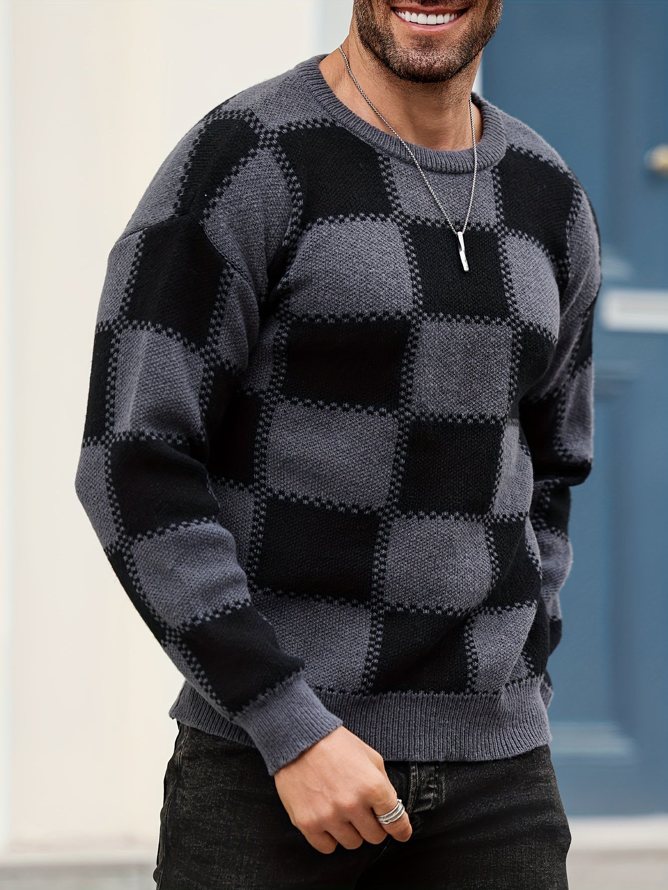 Men's Color Blocking Textured Checked Print Casual Trendy Sweater, Long Sleeve Pullover As Gift For Fall And Winter