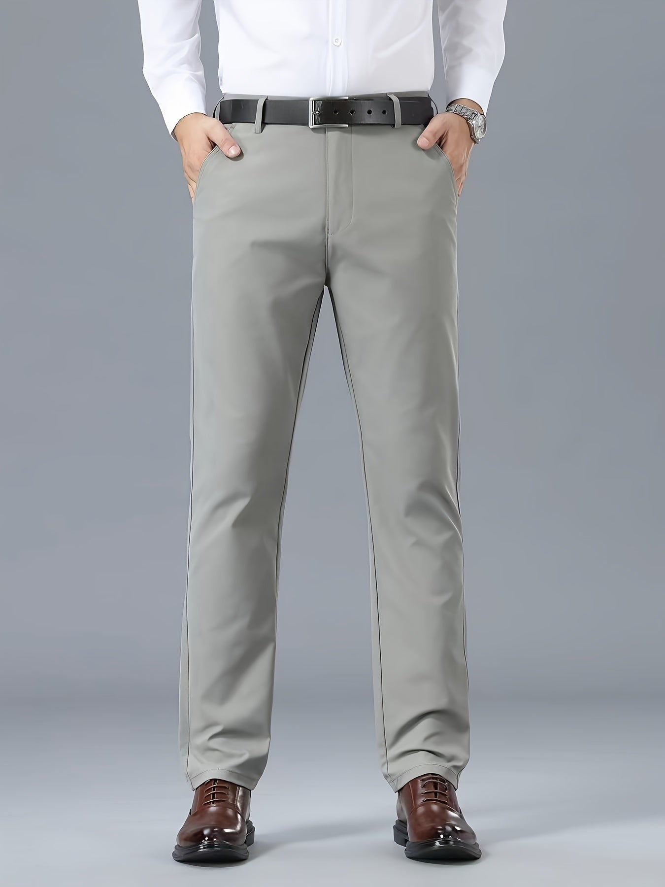 Men's Classic Business Casual Pants - Polyester, Solid Color, Regular Fit for All Seasons