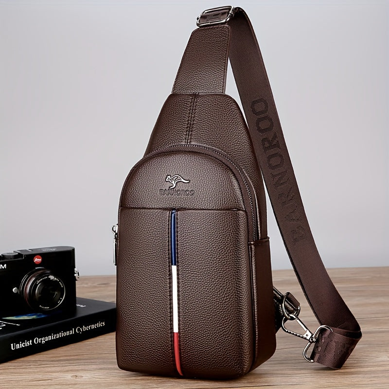 DARWNORO Men's Stylish PU Leather Sling Bag - Casual Shoulder & Crossbody Bag with Zipper Closure, Brown with White & Red Accents, Perfect for Daily Commute, Motorcycle Inspired Design, PU Leather Crossbody Bag