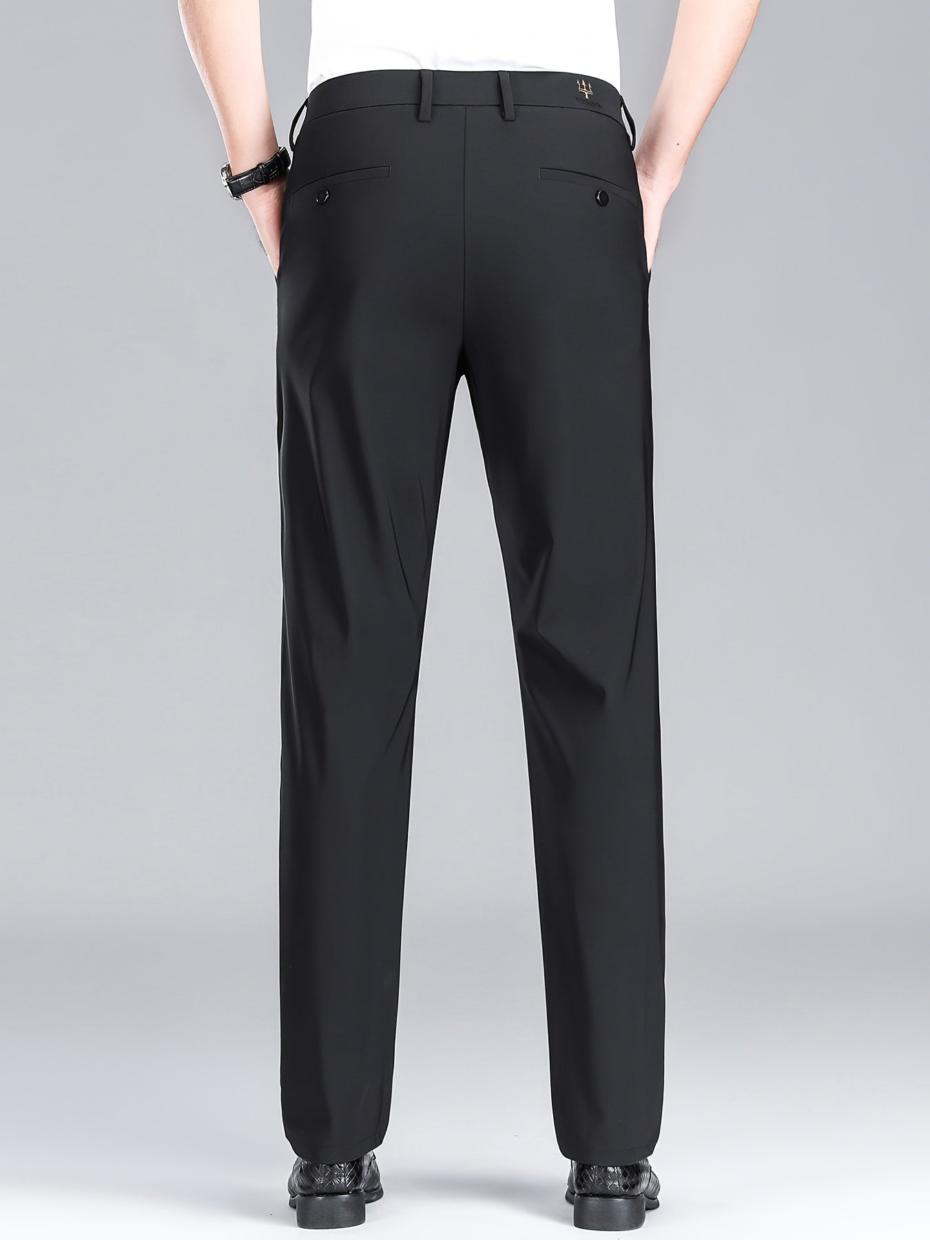 Men'S Navy Blue Straight Leg Dress Pants - Casual Style, Polyester Fabric with Slight Stretch, Mid Waist, Button Closure, No Belt, Regular Fit, Outdoor & Office Wear, Office Attire|Straight Leg Pants|Polyester Fabric