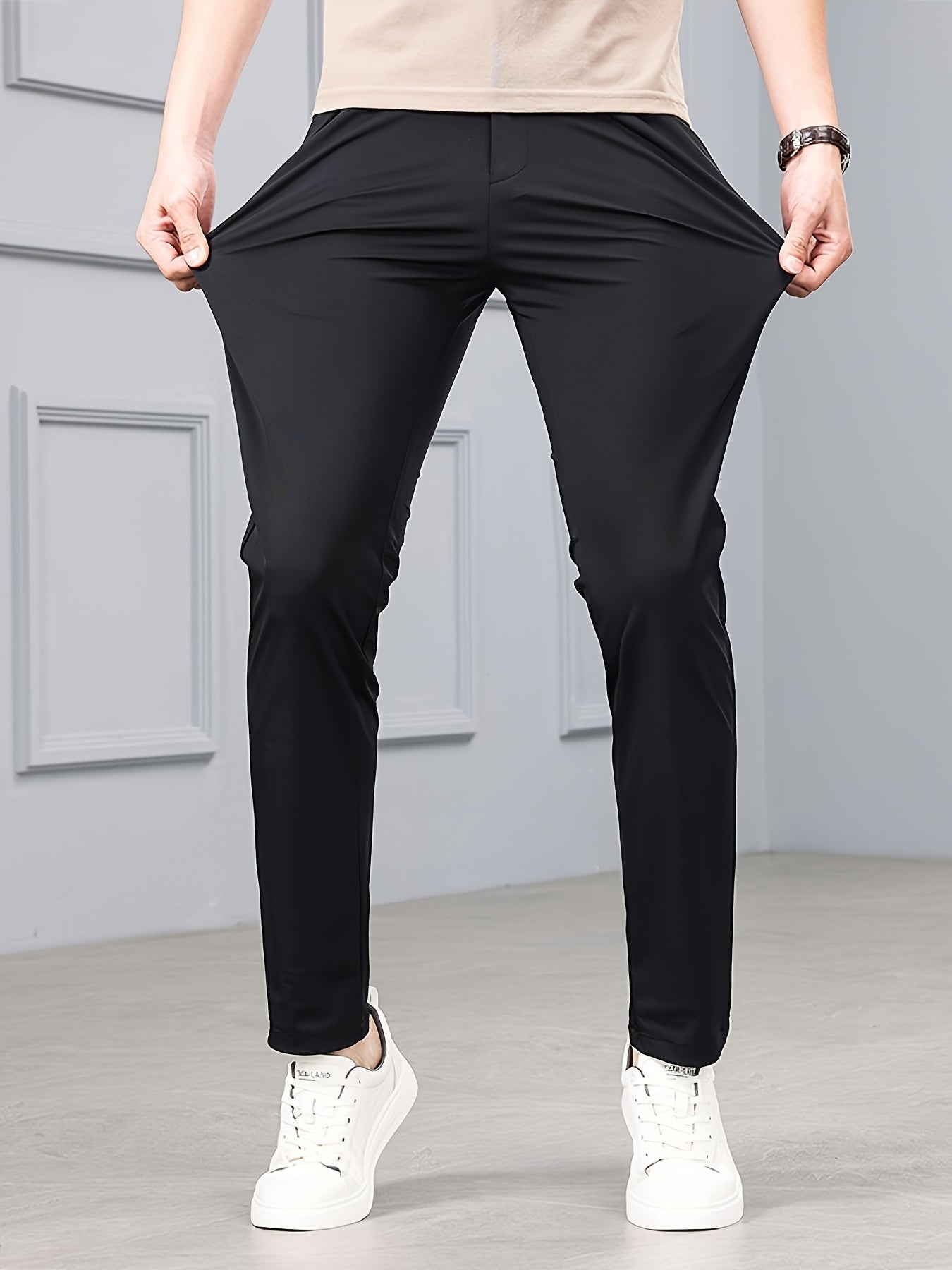 Men's Slim-Fit Stretch Casual Pants with Multiple Pockets - Waterproof, UV Protection, Light Gray, Straight Leg, Nylon Blend for Spring/Fall, Button Closure, Comfortable & Stylish Design, Everyday Comfort Pants | Modern Casua