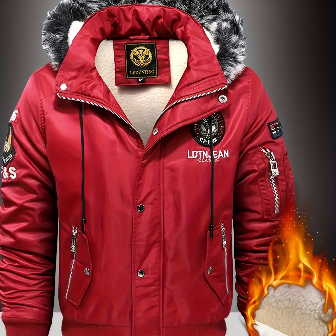 Տղամարդու ծանր ձմեռային բաճկոն՝ հանվող գլխարկով և եռաչափ գրությամբ - ամբողջական կայծակաճարմանդով, քամուց պաշտպանող վերարկու, բազմագրպան դիզայնով, լվացքի մեքենայով