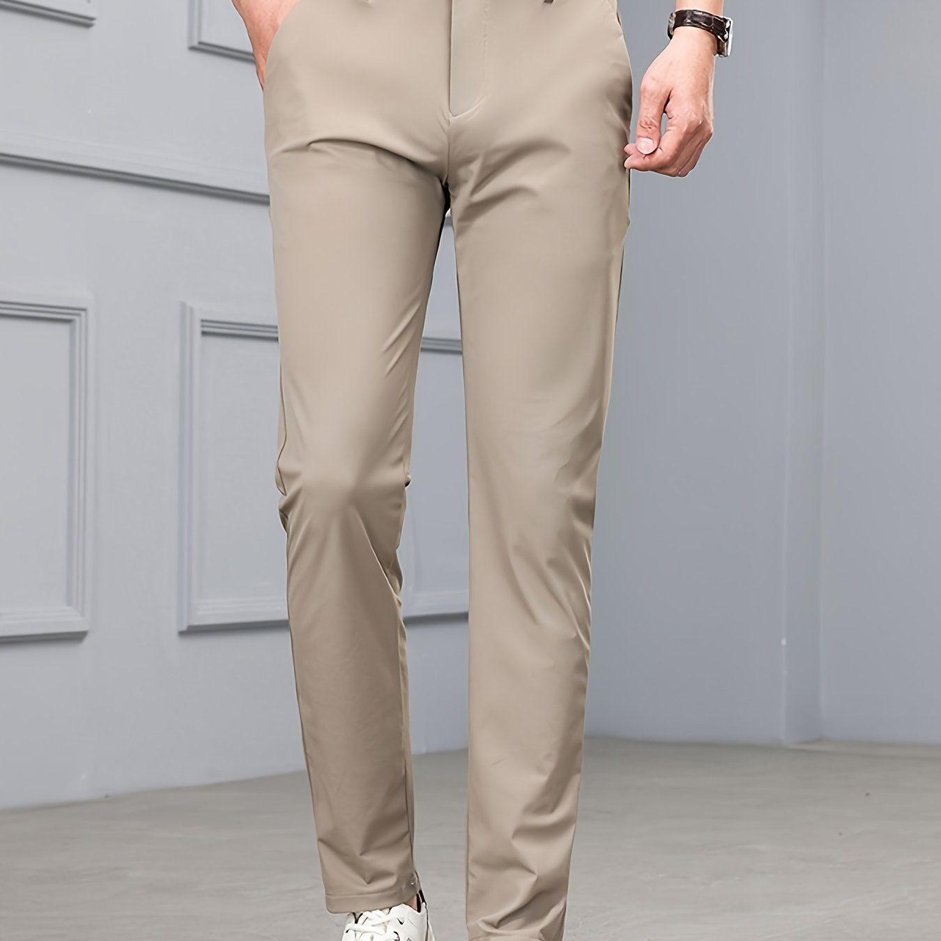 Men's Slim-Fit Stretch Casual Pants with Multiple Pockets - Waterproof, UV Protection, Light Gray, Straight Leg, Nylon Blend for Spring/Fall, Button Closure, Comfortable & Stylish Design, Everyday Comfort Pants | Modern Casua