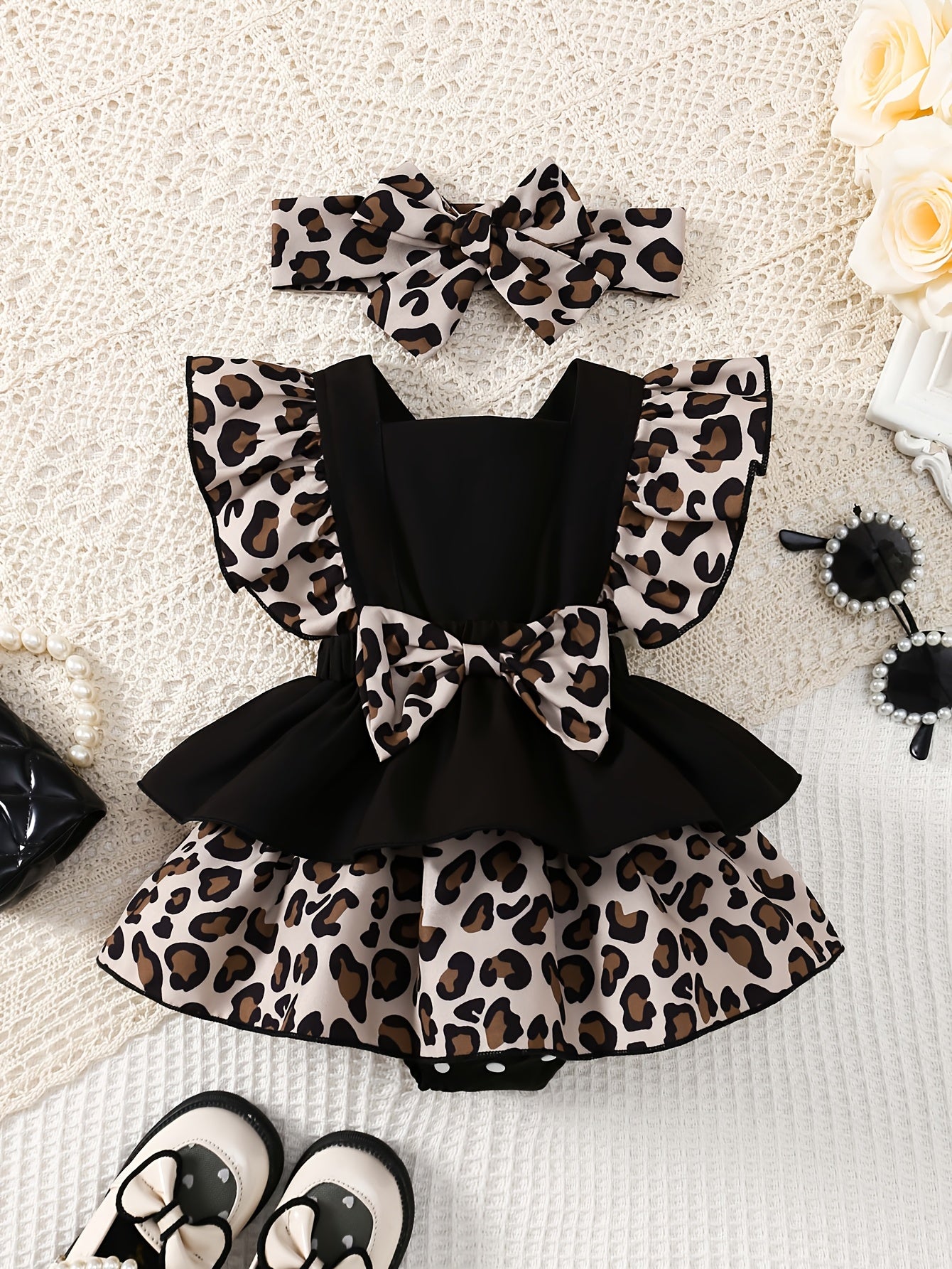 2pcs Set for Newborn Girls, Cute Leopard Print Ruffle Dress with Elastic Waist and Bowknot, Matching Headband, 100% Polyester Woven, Regular Fit, for Outdoor