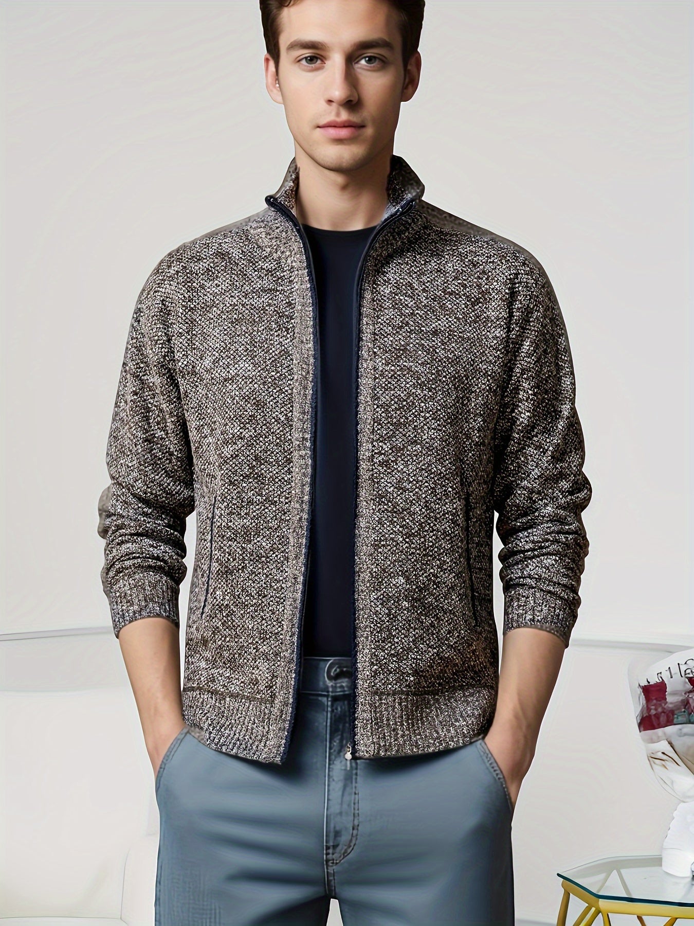 Men's Solid Fleece Knitted Cardigan With Pockets, Casual Long Sleeve Turtle Neck Zip Up Warm Sweater For Winter Fall Outdoor Activities