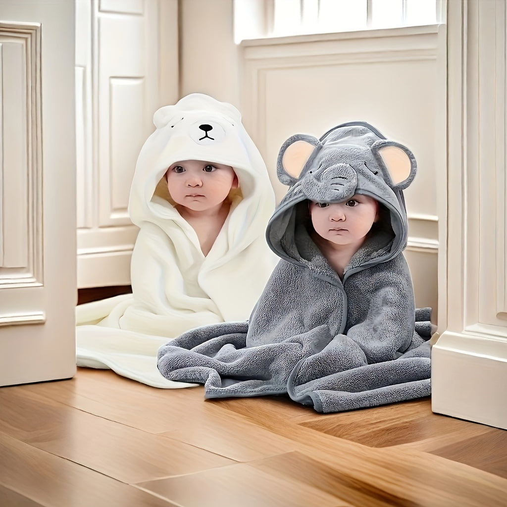 2pcs Toddler Bath Robes, Soft Absorbent Hooded Towels, Cartoon Animal Design, Unisex, Christmas Halloween Gift, Polyester, Hand Wash Only, White & Grey, Knitted Fabric