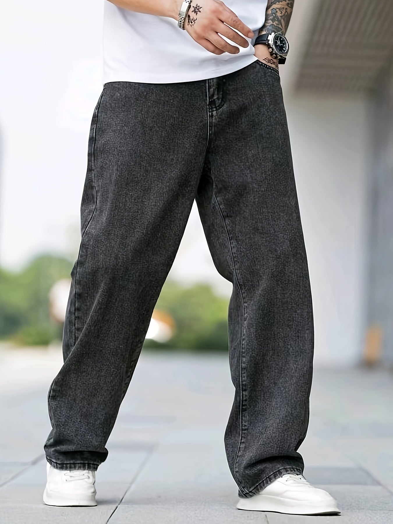 1pc Men'S Mid-Waist Loose Fit Denim Jeans - Street Style Solid Color Cotton Blend Pants with Flakes Detail, Zipper Fly, Belt Loops, All-Season Comfort for Weekend Casual Wear