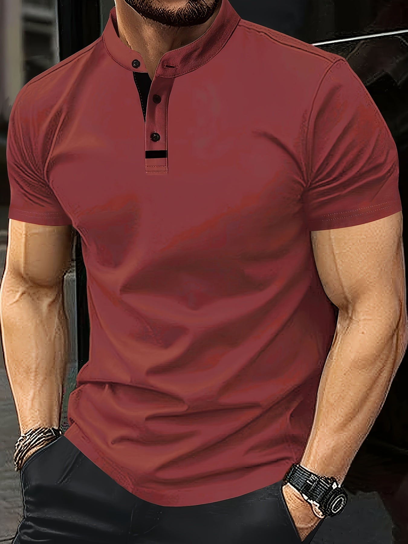 Men's Casual Red Shirt - Short Sleeve, Round Neck with Button Detail, Lightweight Polyester Blend, Ideal for Golf & Casual Attire, Machine Washable
