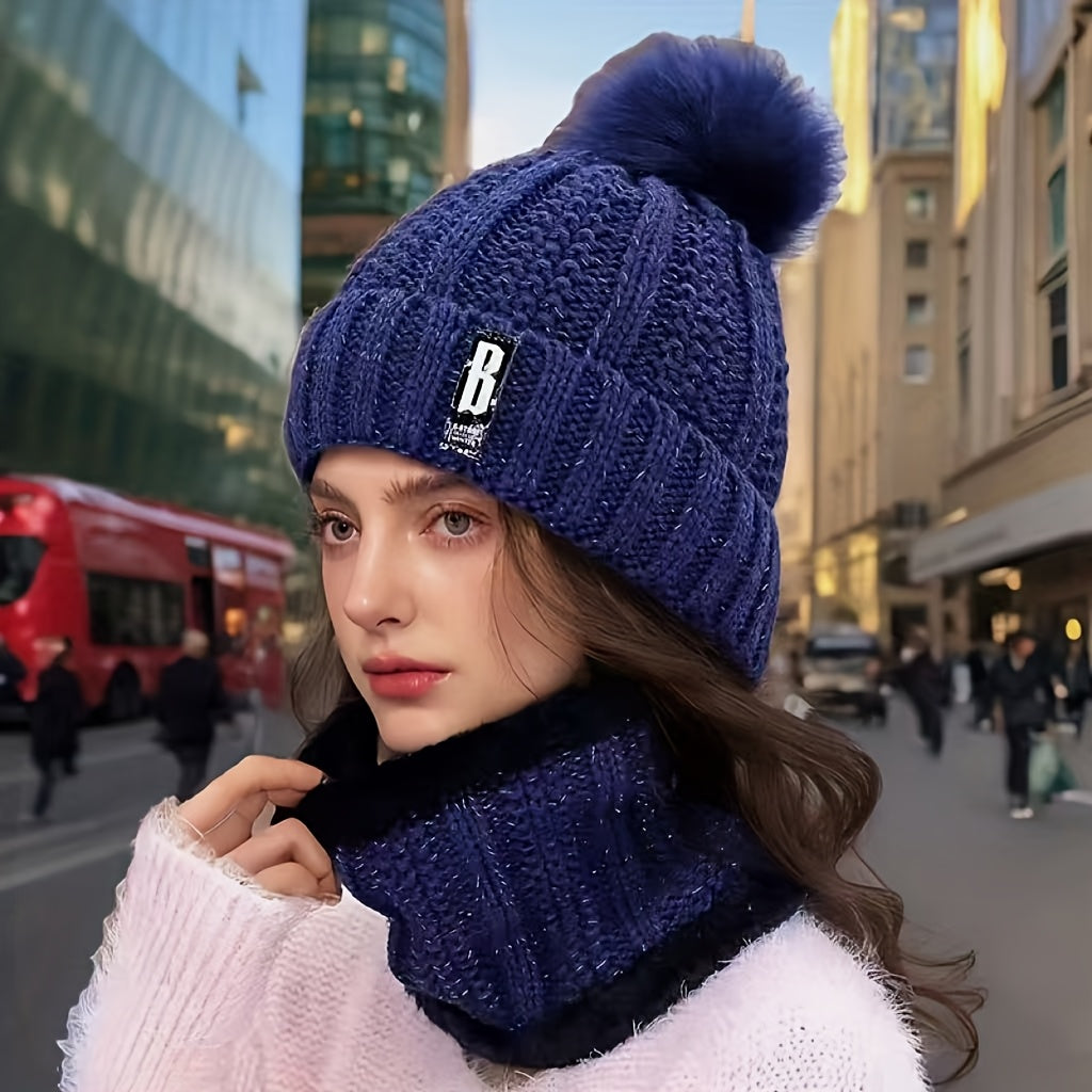 New Year's Acrylic Knit Beanie with Pom-Pom and Matching Scarf Set - Breathable, Elastic, Thermal Knitted Cap and Neck Warmer for Women with Toggle Closure - Hand Washable