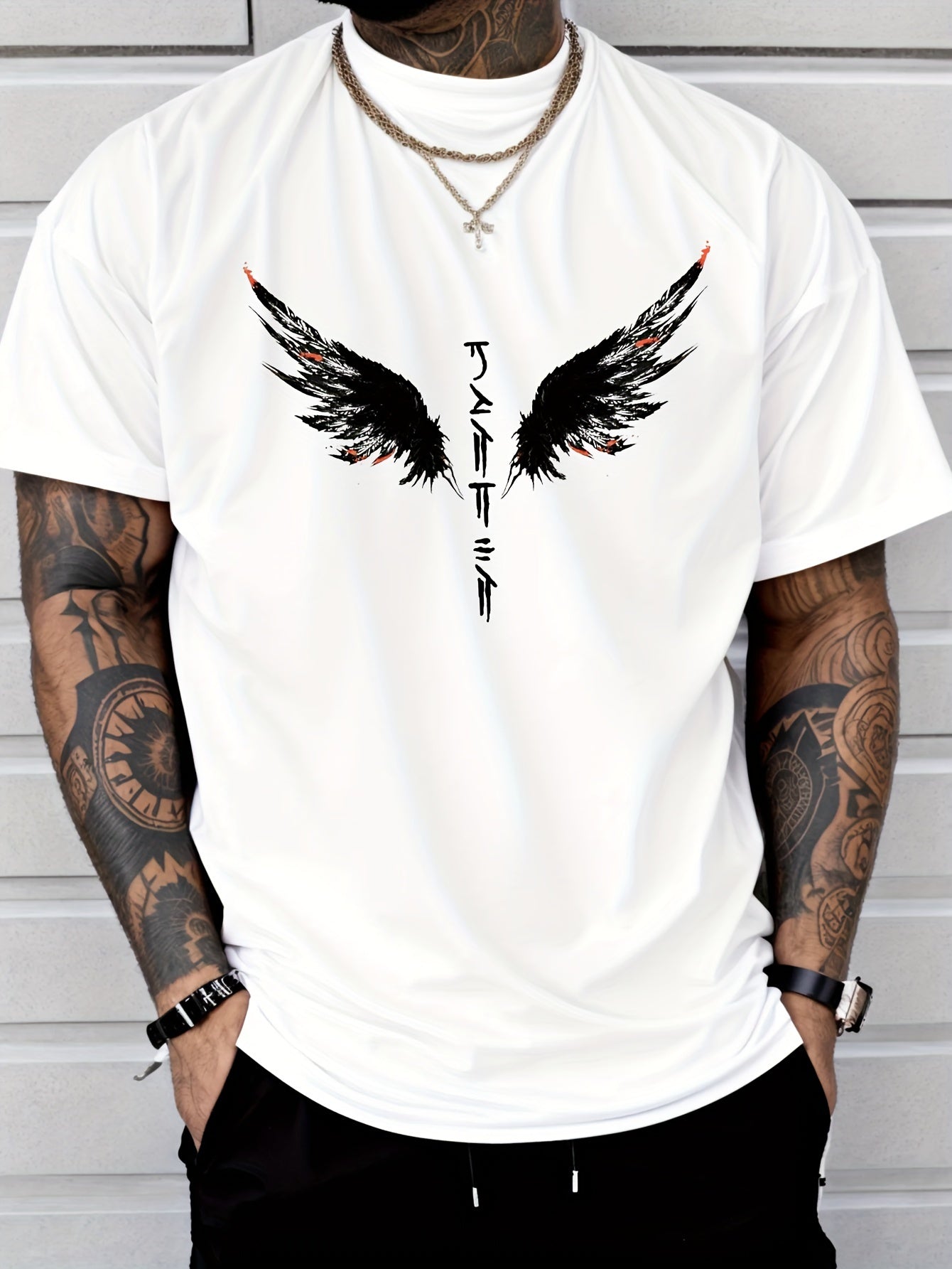 Wings Print Men's Creative Top, Casual Short Sleeve Crew Neck T-shirt, Men's Clothing For Summer Outdoor