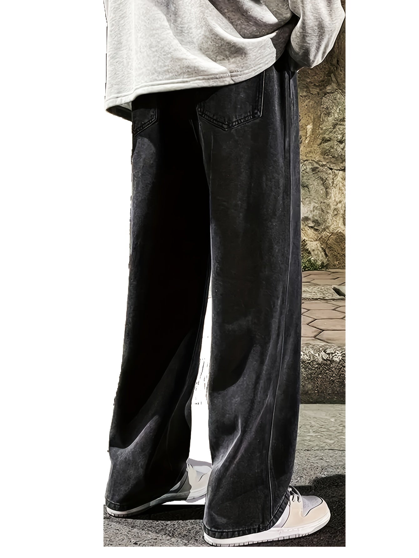 Men's Classic Straight Leg Denim Jeans - Loose Fit, Cotton Blend, Solid Color Black, Street Style, Comfortable & Versatile for All Seasons, Casual Streetwear|Street Style Pants|Nonstretch Fabric