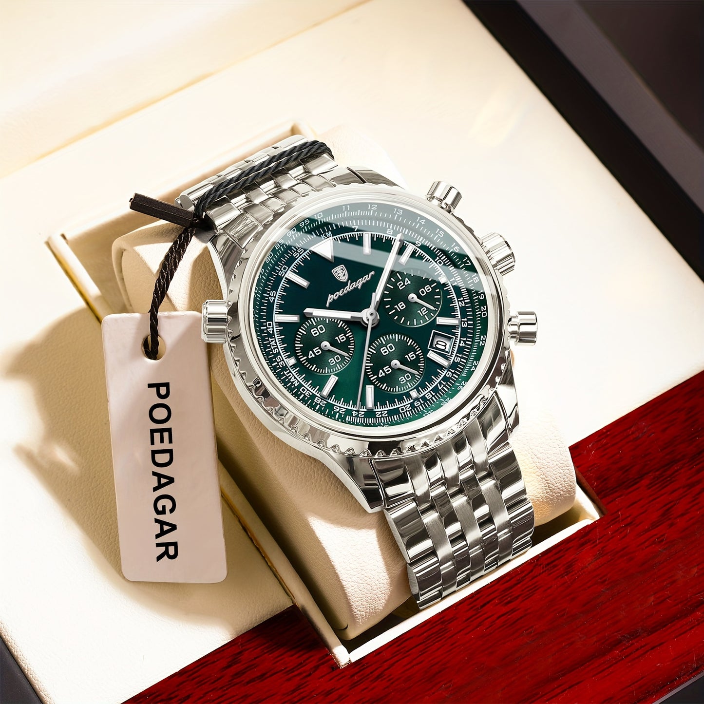 POEDAGAR Men's Luxury Stainless Steel Watch, Chronograph, Calendar, Date Display, Green Dial with Black Bezel & Roman Numerals, Quartz Movement, Casual to Business Style, Suitable for Women