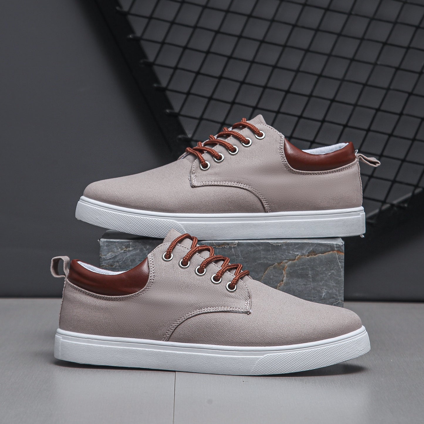Men's Navy Blue Canvas Sneakers - Breathable, Durable, Non-Slip Casual Shoes with Brown Accents & White Sole - Perfect for Spring, Summer, and Fall Outdoor Wear, Everyday Sneakers | Casual Sporty Look | Breathable Canvas Uppe