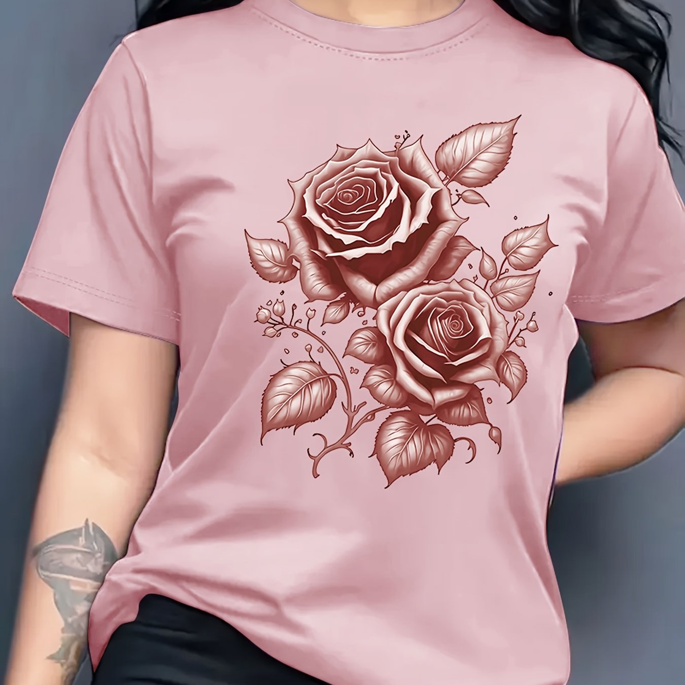 Women's Light Blue Yellow Rose Print T-Shirt - Short Sleeve Crew Neck Casual Top with Medium Stretch, Machine Washable & Breathable Fabric for All-Season Comfort, Relaxed Style, Graphic Tee, Stretchy Material, Printed Shirt,