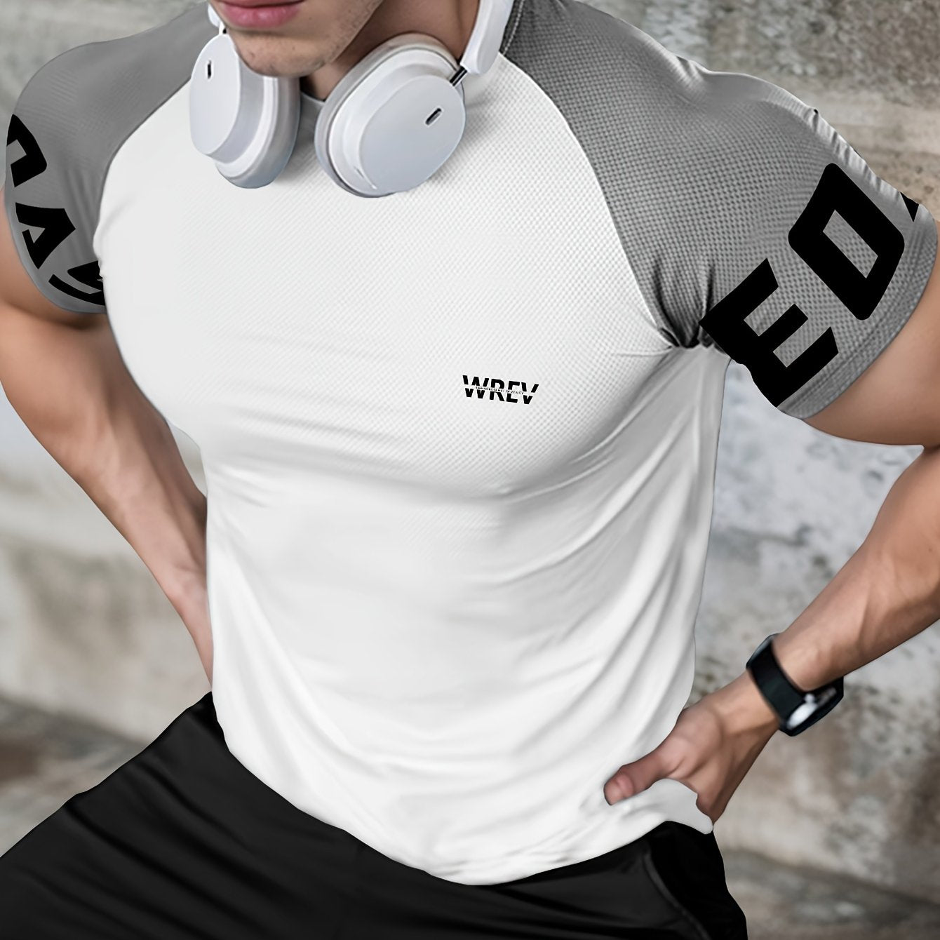 Men's Quick-Dry Breathable Mesh Sports T-Shirt - Summer Gym Workout Top with Contrast Black White Sleeves for Man Letter Print, Slim Fit for Running Training Casual Wear, Breathable Running Gear Sporty Casual Tee Mesh
