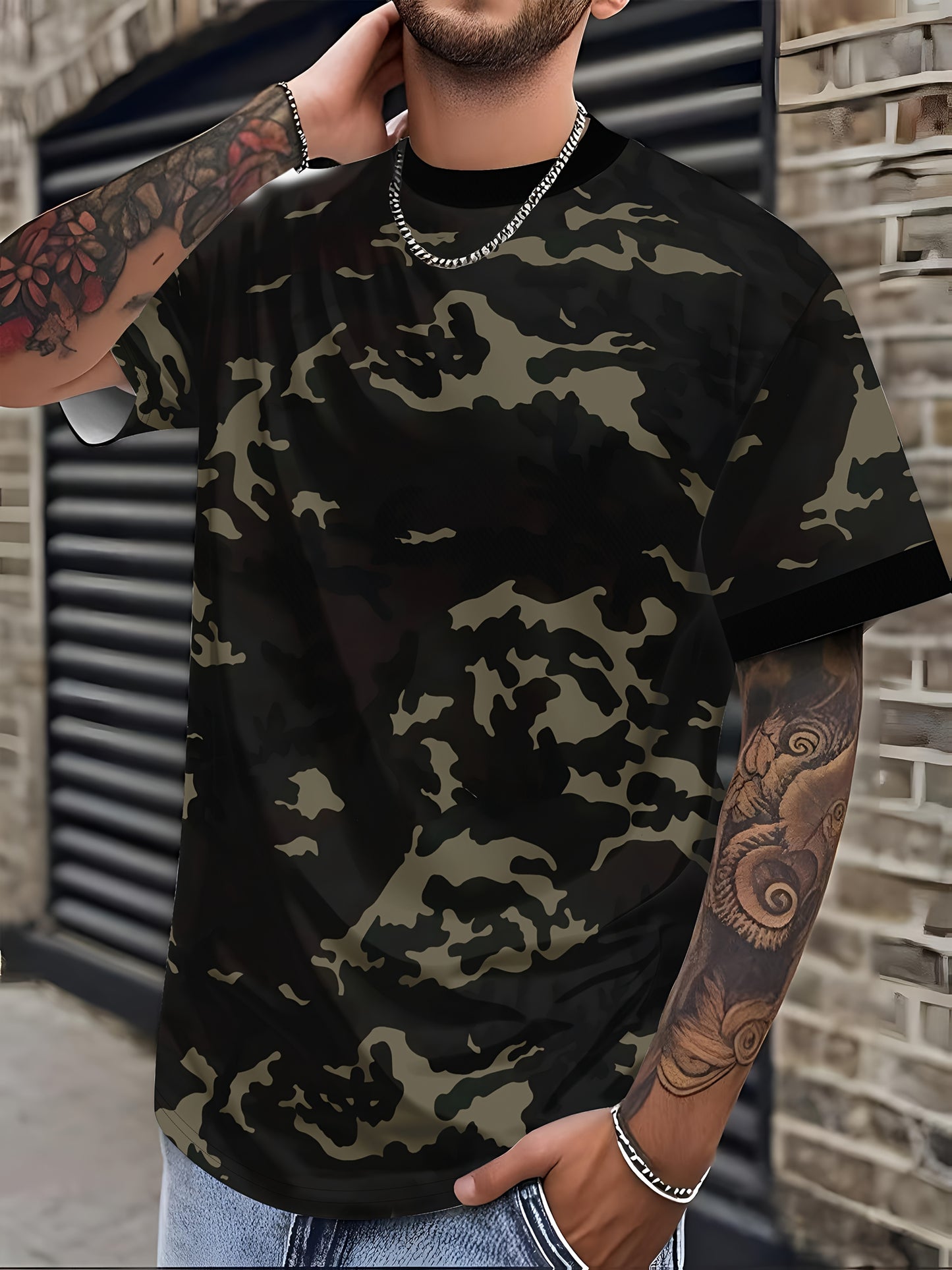 Men'S Camo Print T-Shirt - Short Sleeve, Regular Fit, Casual Style with Skull Floral Design, Black with Brown/Beige Camouflage Pattern, Perfect for Casual Attire, Everyday Tshirt Camo Print Tee Stretchable Fabric