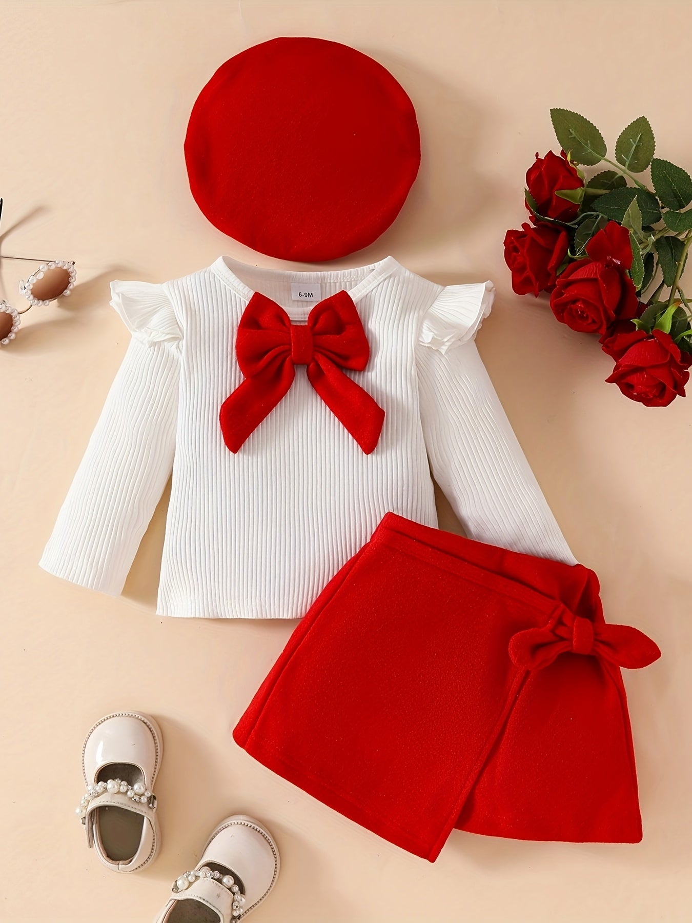 Honey Style Knitted Fabric Crew Neck Long Sleeve T-Shirt with Solid Color Flared Skirt and Beret Set for - Bow Detail Knee High Medium Stretch Fall/Winter Outfit