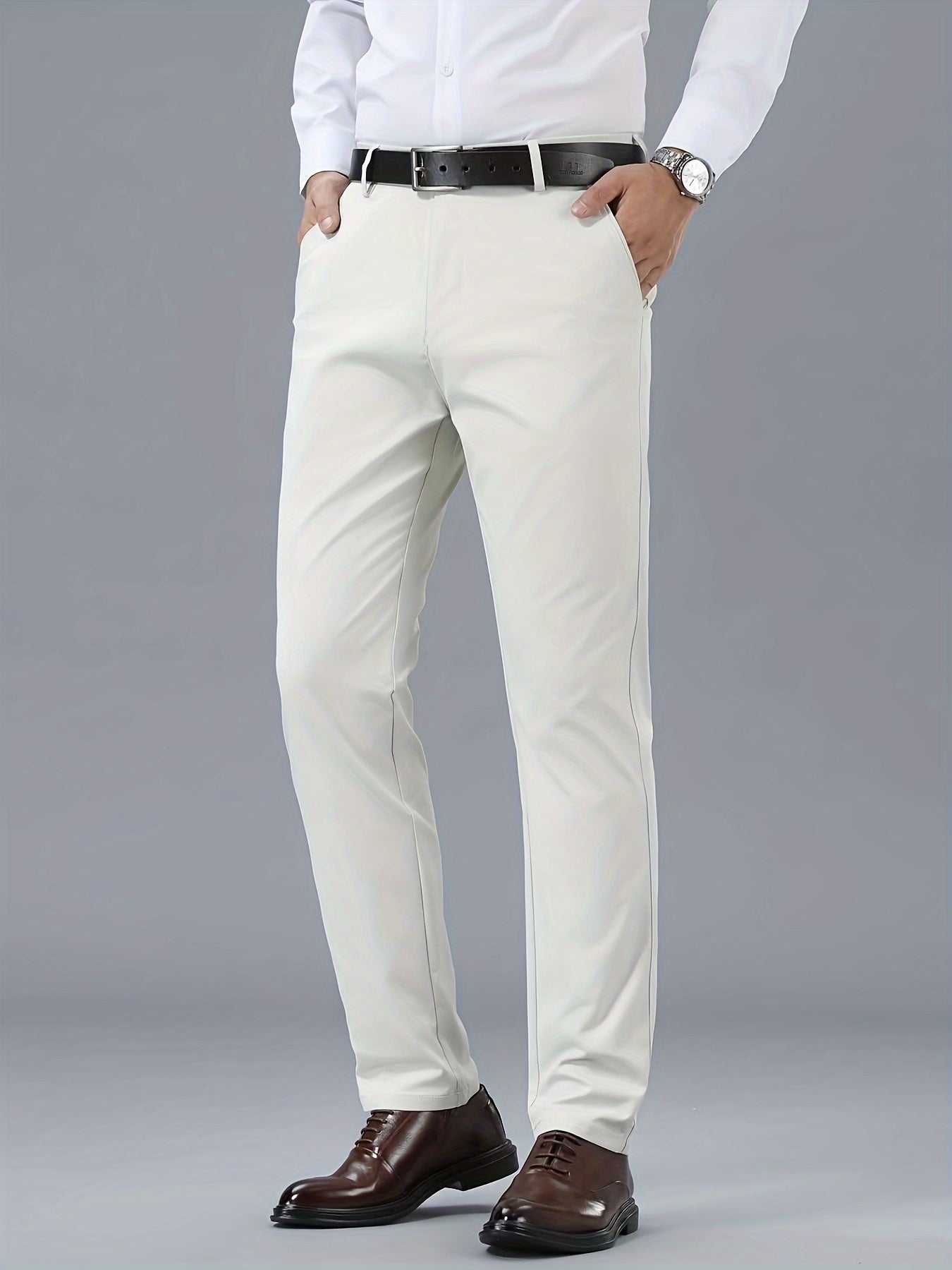 Men's Classic Business Casual Pants - Polyester, Solid Color, Regular Fit for All Seasons