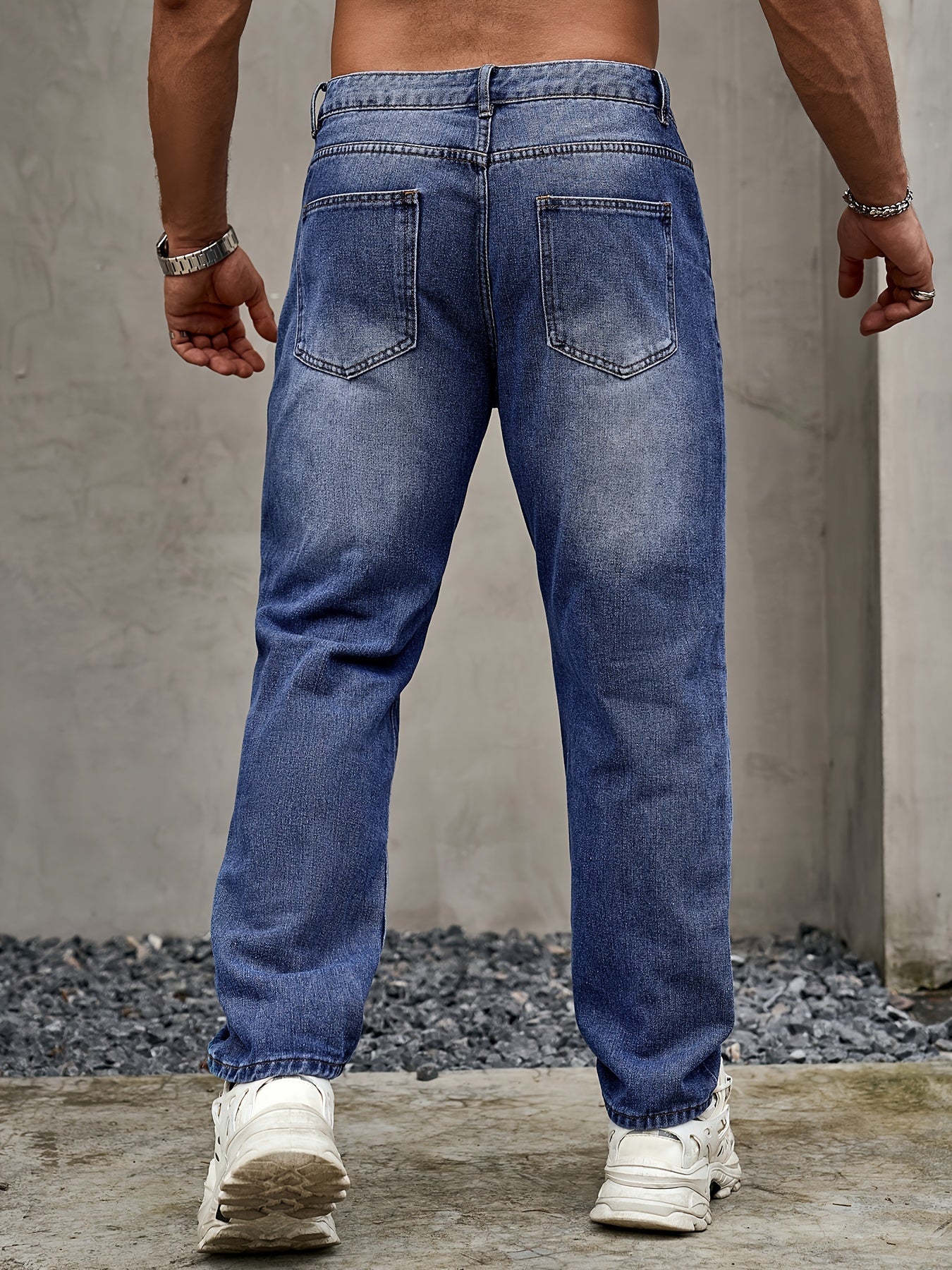 Men's Solid Loose Fit Denim Pants, Spring Fall Casual Trendy Cotton Jeans For Males