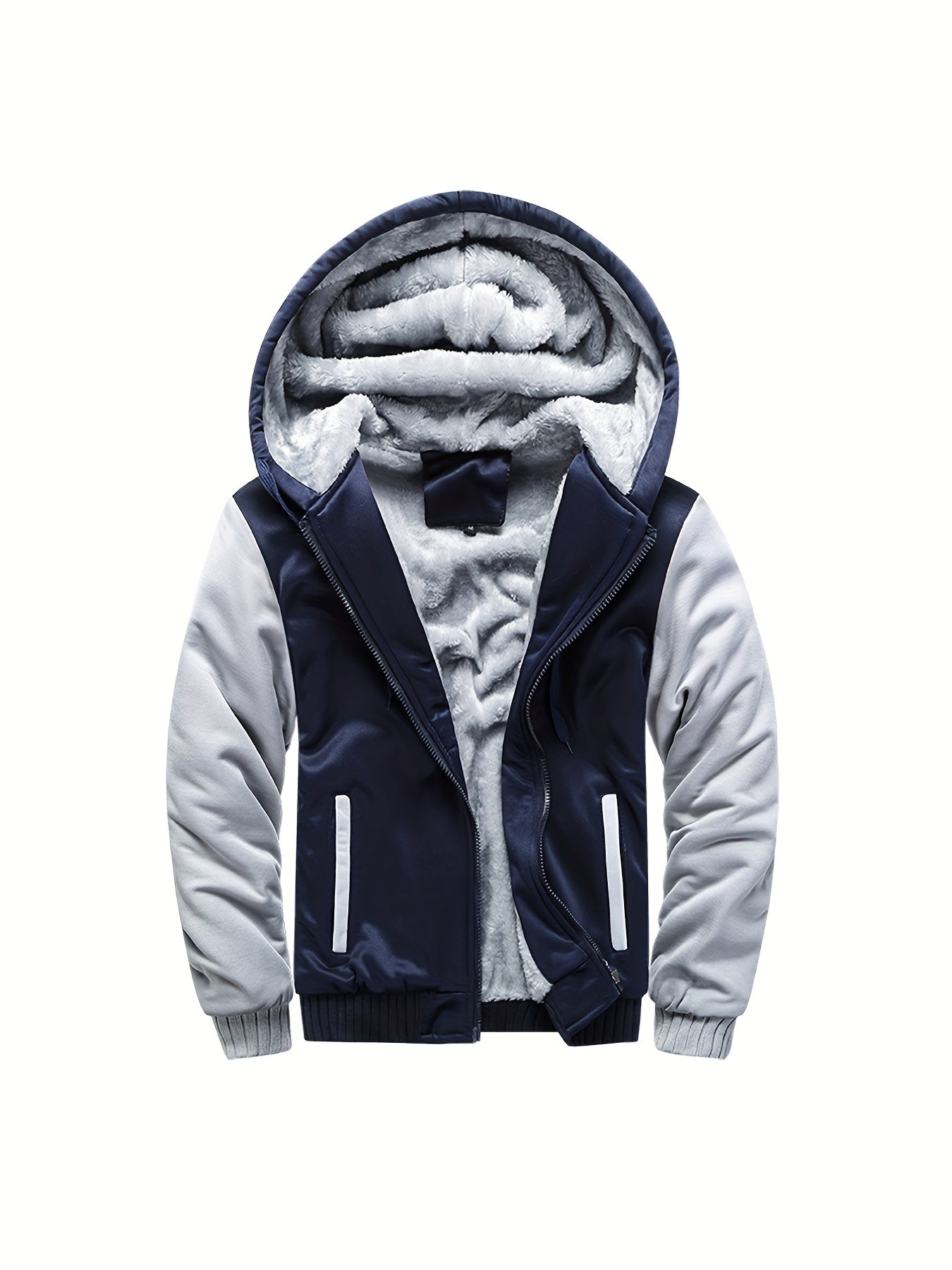 Color Block Sherpa Lined Men's Hooded Jacket, Casual Long Sleeve Hoodies With Zipper, Gym Sports Hooded Coat For Winter Fall