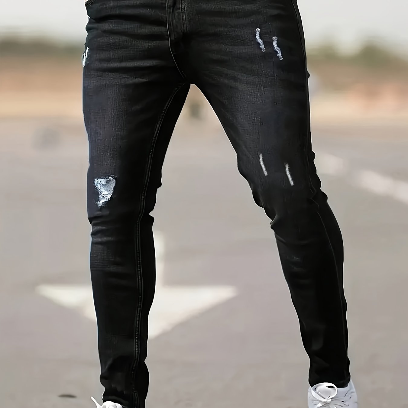 Men's Slim Fit Stretch Denim Jeans - Casual, Breathable & Machine Washable with Ripped Detail
