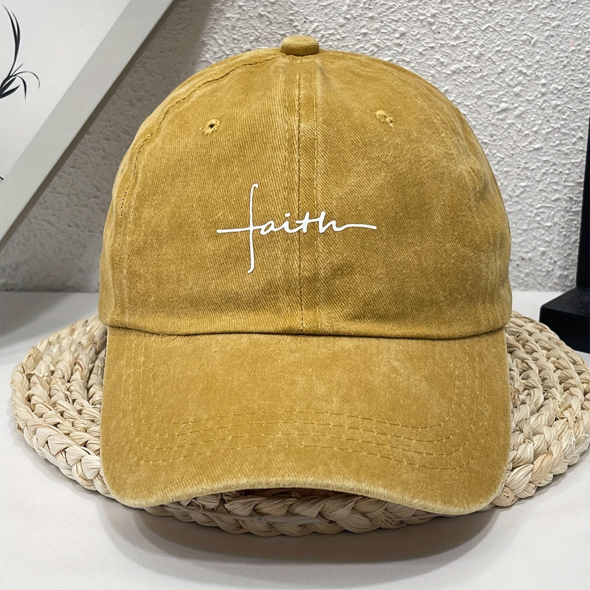 Vintage Street Style Water Wash Denim Polyester Baseball Cap, Faith Print, for Men, Women