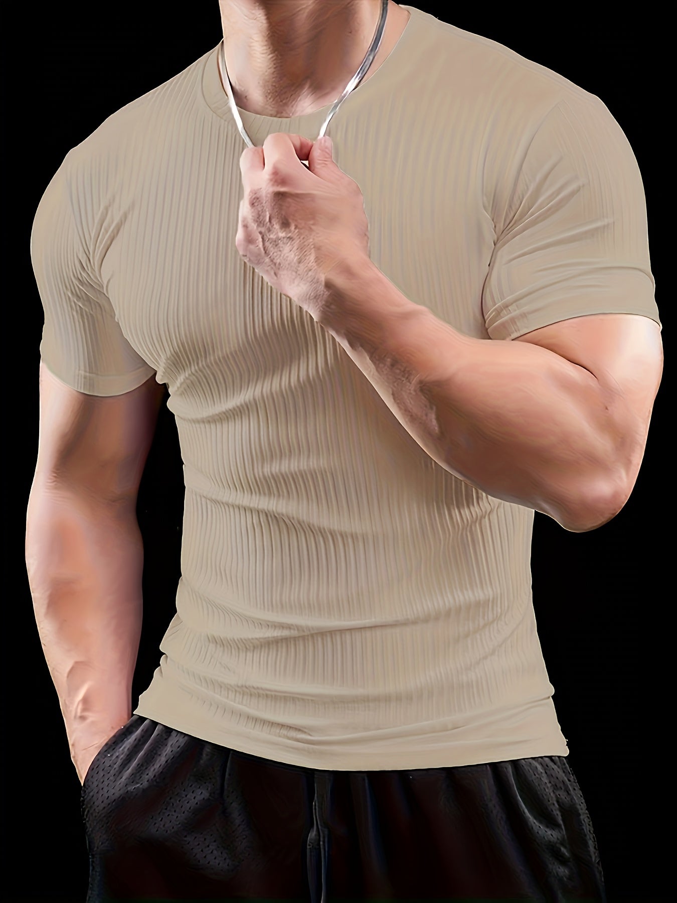 Men's Slim Fit Ribbed Short Sleeve T-Shirt - Stretchy Athletic Casual Wear, Green, Round Neck, Machine Washable, Muscle-Enhancing Design, Gym Shirts