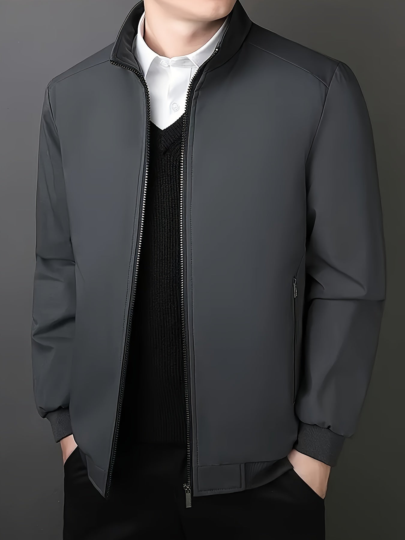 Men's Fleece-Lined Zip-Up Jacket - Casual Stand Collar, Outdoor Sports Coat with Pockets, Machine Washable