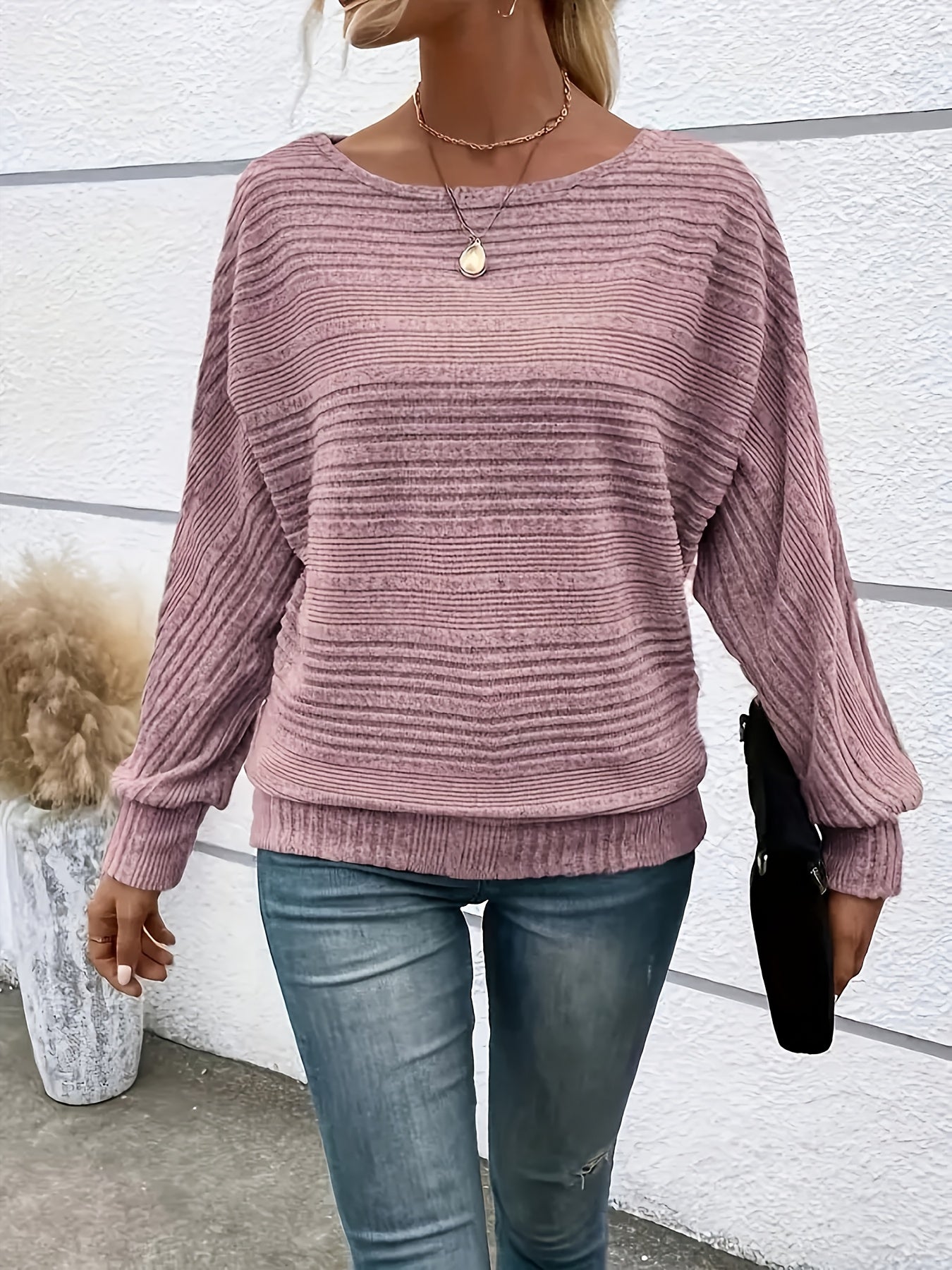 1 հատ Women'S Casual Crew Neck Knit T-shirt - պոլիեսթեր պինդ գույնի երկարաթև վերնաշապիկ գարնան/աշունի համար