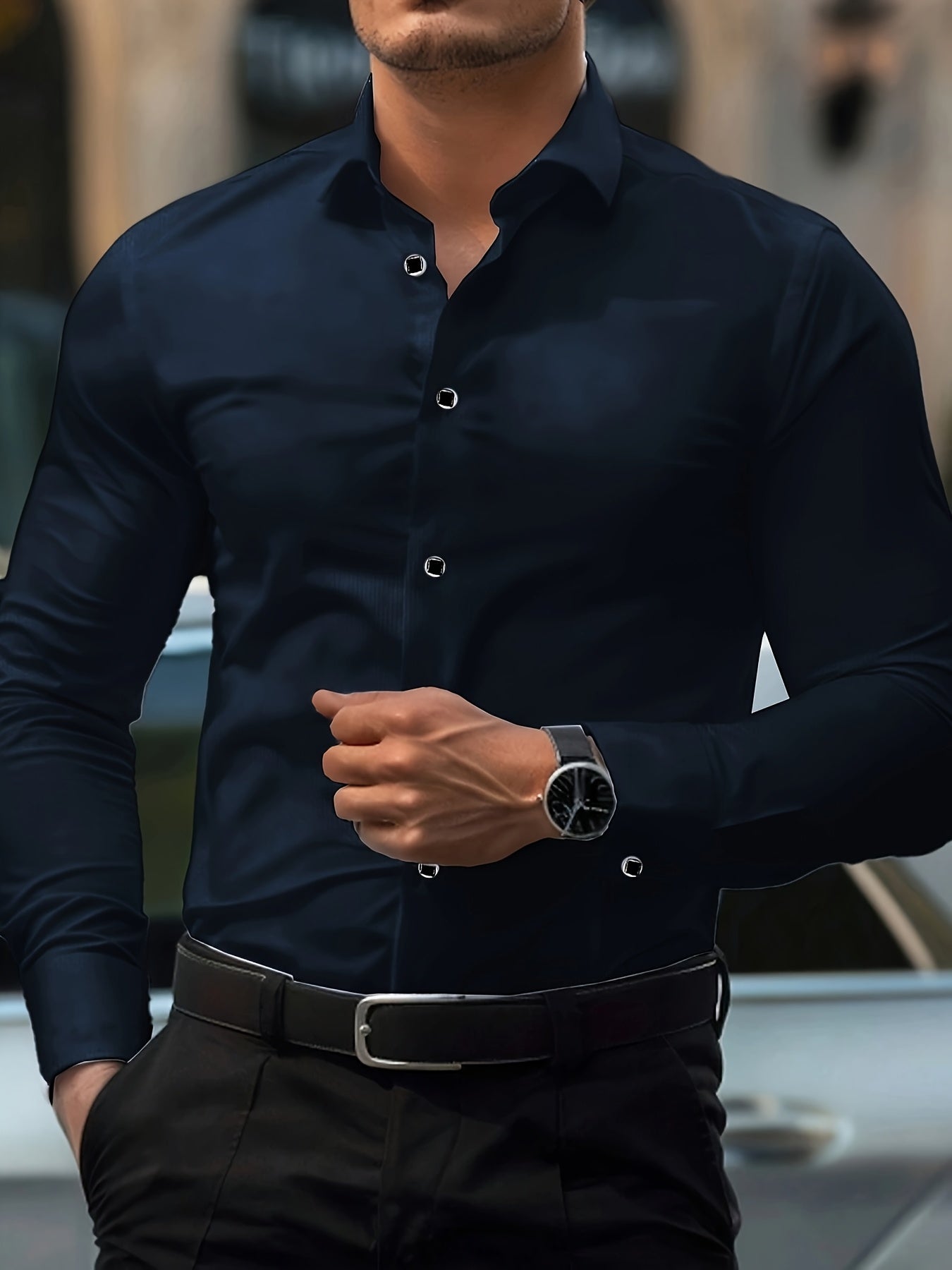 Men'S Elegant Black Long Sleeve Dress Shirt with Geometric Pattern - Polyester, Slim Fit, Button-Up, All-Season Wear, Stylish Lapel Collar, Perfect for Formal and Casual Events, Formal Attire|Slim Fit Shirt|Reflective Details