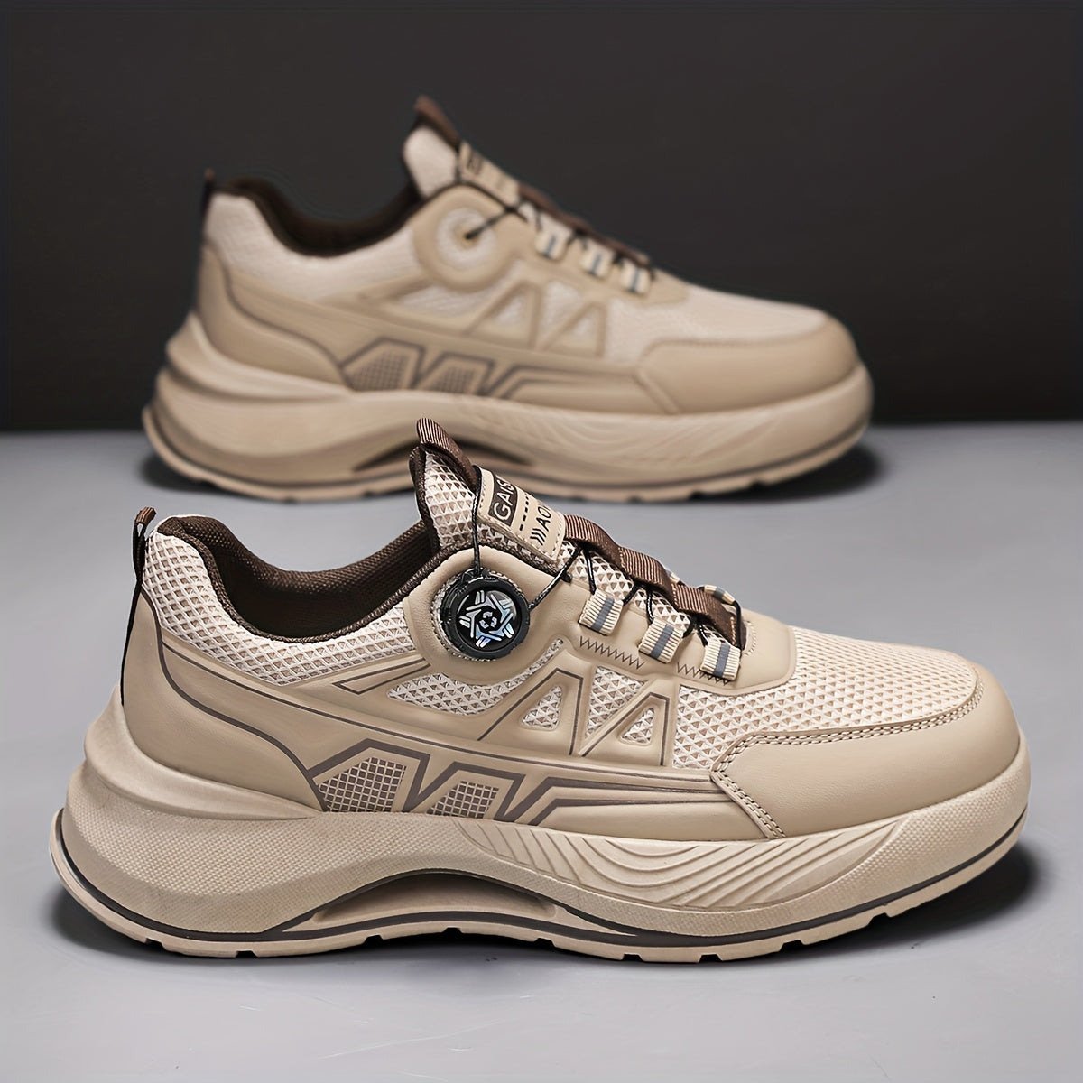Men's 2025 New Casual Athletic Running Shoes - Thick-Sole Hiking Basketball Sneakers with Breathable PU/Fabric Upper, Durable PVC Outsole, Beige/Black Colorway for Outdoor, Streetwear Everyday Comfort, Round Toe Design