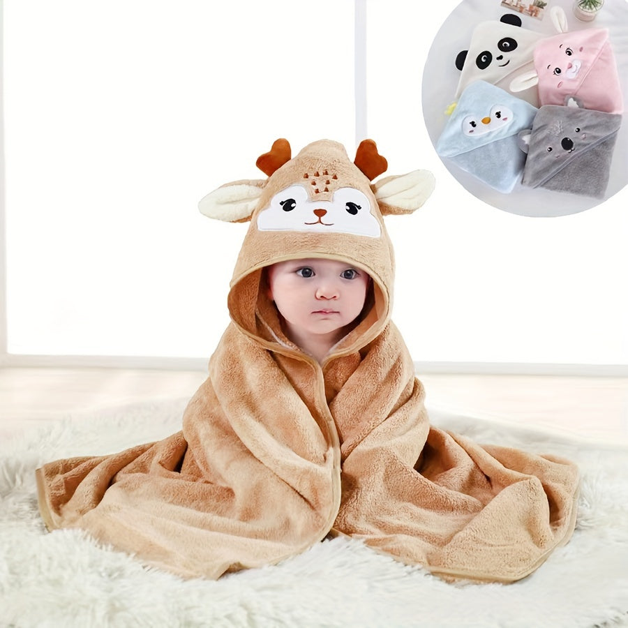 Ultra-Soft Coral Fleece Youngsters' Hooded Bath Towel with Cute Cartoon Animal Design - Absorbent & Skin-Friendly, Perfect for Swimming and Bathing