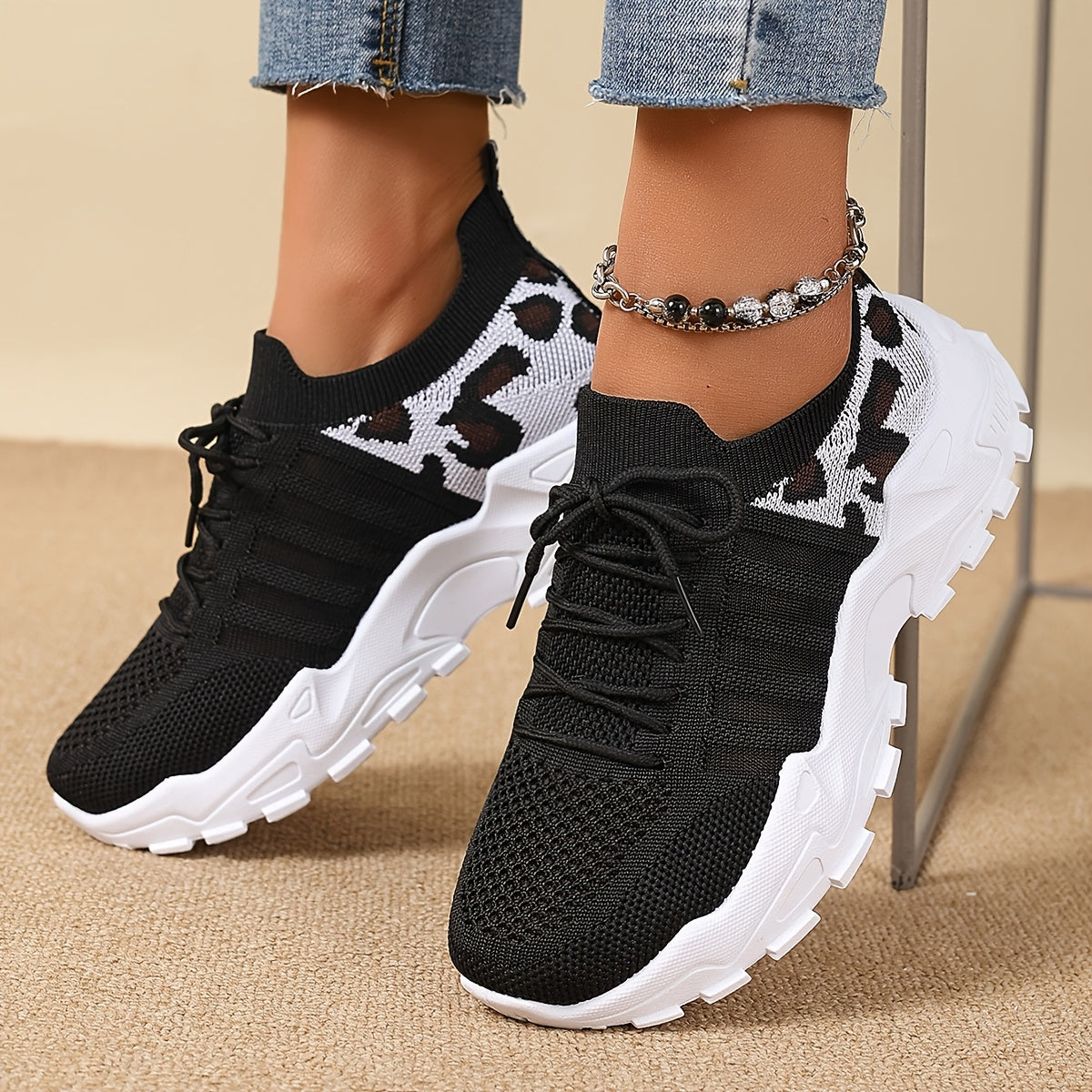 Կանացի նորաձև Leopard Print Lace-Up սպորտային կոշիկներ, շնչող ցանցով քայլելու կոշիկներ գարուն/ամառ, թեթև, հարմարավետ պատահական սպորտային հսկիչ կոշիկներ PVC ներբանով և միկրոֆիբրե միջանցքով: