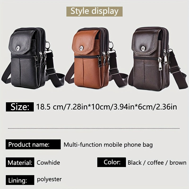 1pc Genuine Leather Cowhide Men's Waist Bag, Multi-Functional Zippered Phone Pouch with Adjustable Strap and Spacious Compartments for Work & Daily Use, Casual Style Top Layer Leather Fanny Pack