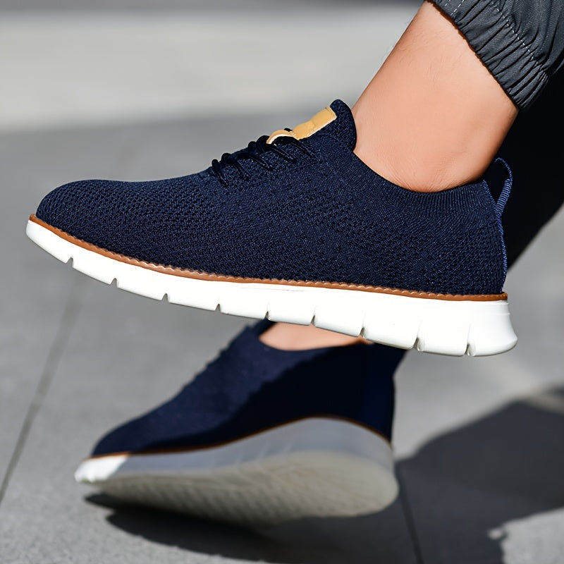 Men's Breathable Knit Business Casual Shoes - Beige with Brown Accents, Lace-Up, EVA Sole, Round Toe, Versatile for All Seasons, Dressy Shoes