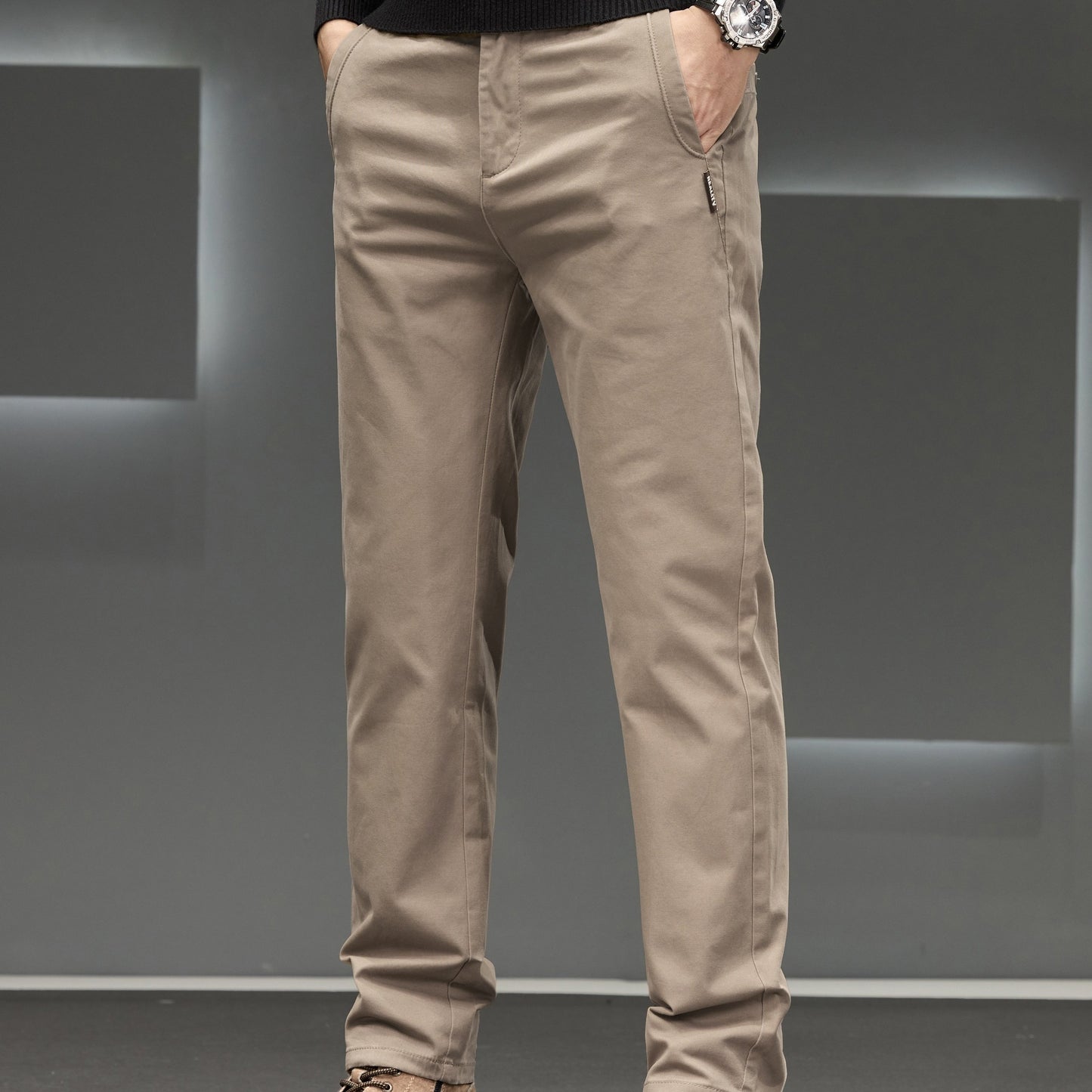 Men's Classic Business Trousers - Lightweight Polyester Straight-Leg Pants For Spring/Fall - Button Details - Non-Elastic Fabric - Solid Color - Regular Fit