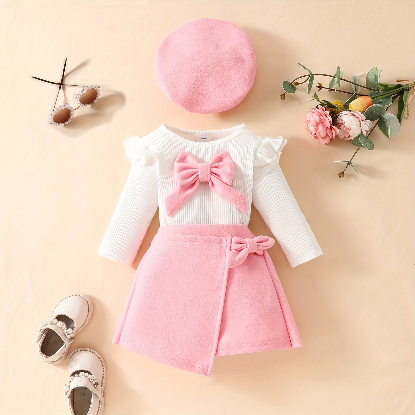 Honey Style Knitted Fabric Crew Neck Long Sleeve T-Shirt with Solid Color Flared Skirt and Beret Set for - Bow Detail Knee High Medium Stretch Fall/Winter Outfit