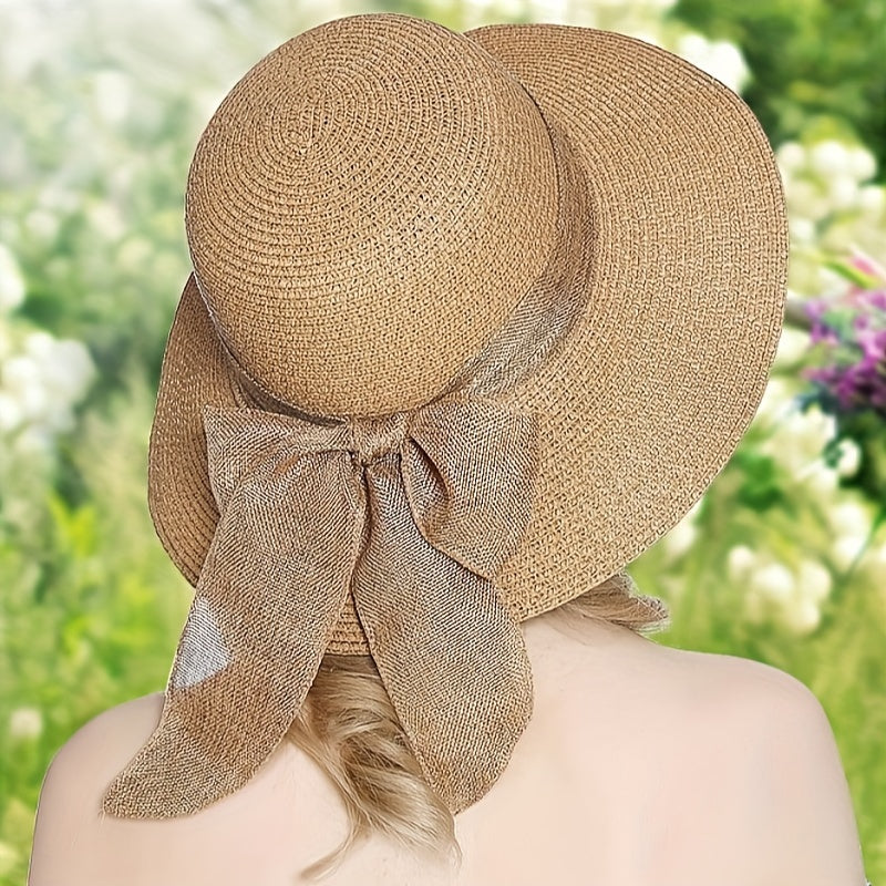 2pcs Women's Khaki Wave Beach Sun Hat & Woven Shoulder Bag Combo - Stylish Ruffled Brim Design, Lightweight & Breathable for Spring/Summer Beach Vacations and Outdoor Activities, Beach Accessories