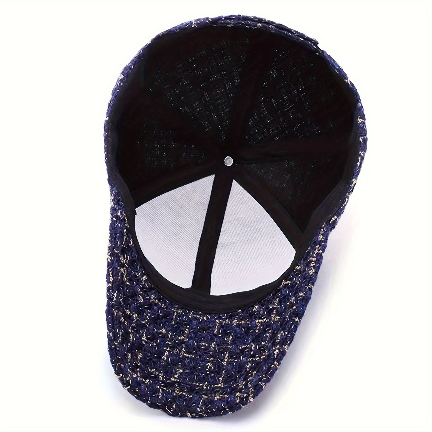 1pc Trendy Black & White Checkered Baseball Cap with Sparkly Golden Embroidery - Stylish Sun Protection Hat for Spring and Fall, Hand Wash Only, Polyester Material, Casual Wear Hat | Checkered Pattern Cap | Woven Texture Cap