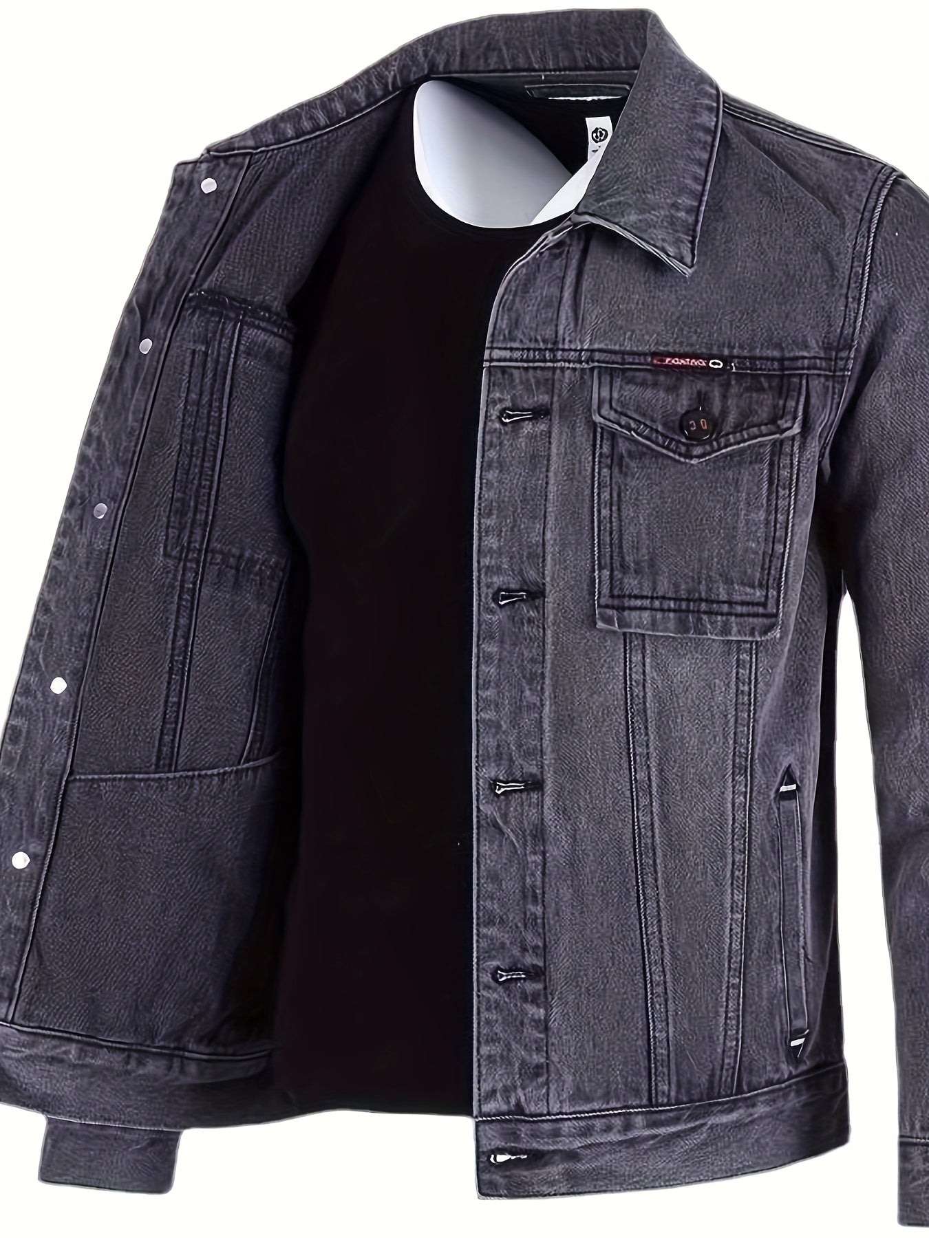 Men's Spring/Autumn Denim Jacket - Casual Chic Style, Black Blend with Red Accents, Button-Up with Flap Pockets, Long Sleeves, Ideal for Hiking & Casual Attire, Outdoor Apparel|Classic Denim Style|Durable Fabric