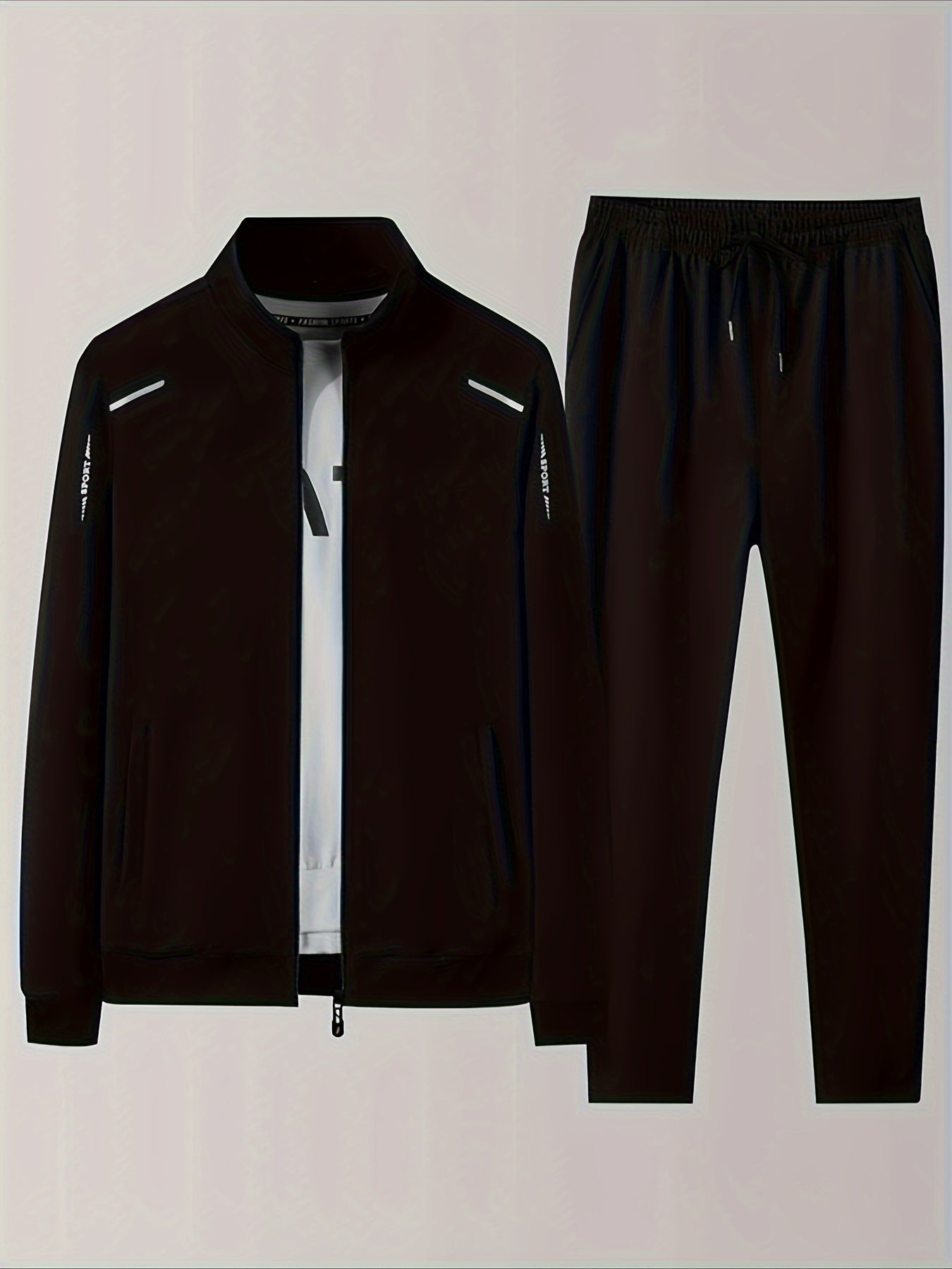 1set Men'S Casual Sports Set, Summer Knit Polyester Athletic Outfit with Solid Color, Crew Neck, Regular Fit, Micro-Elastic Fabric, Lightweight 220g/m², for Jacket and Pants Combo